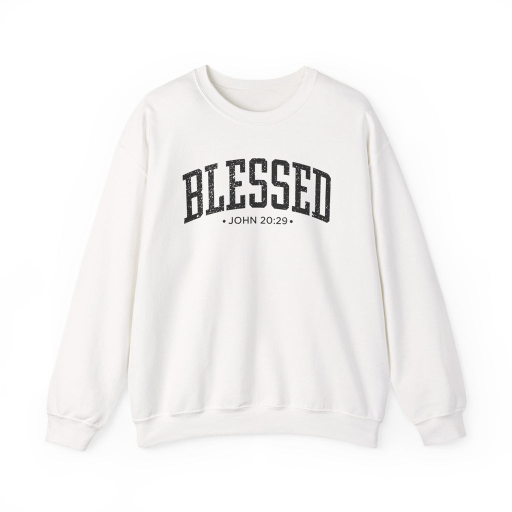 Front view of White crewneck sweatshirt with black large BLESSED text and John 20:29 below it across chest