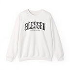Front view of White crewneck sweatshirt with black large BLESSED text and John 20:29 below it across chest