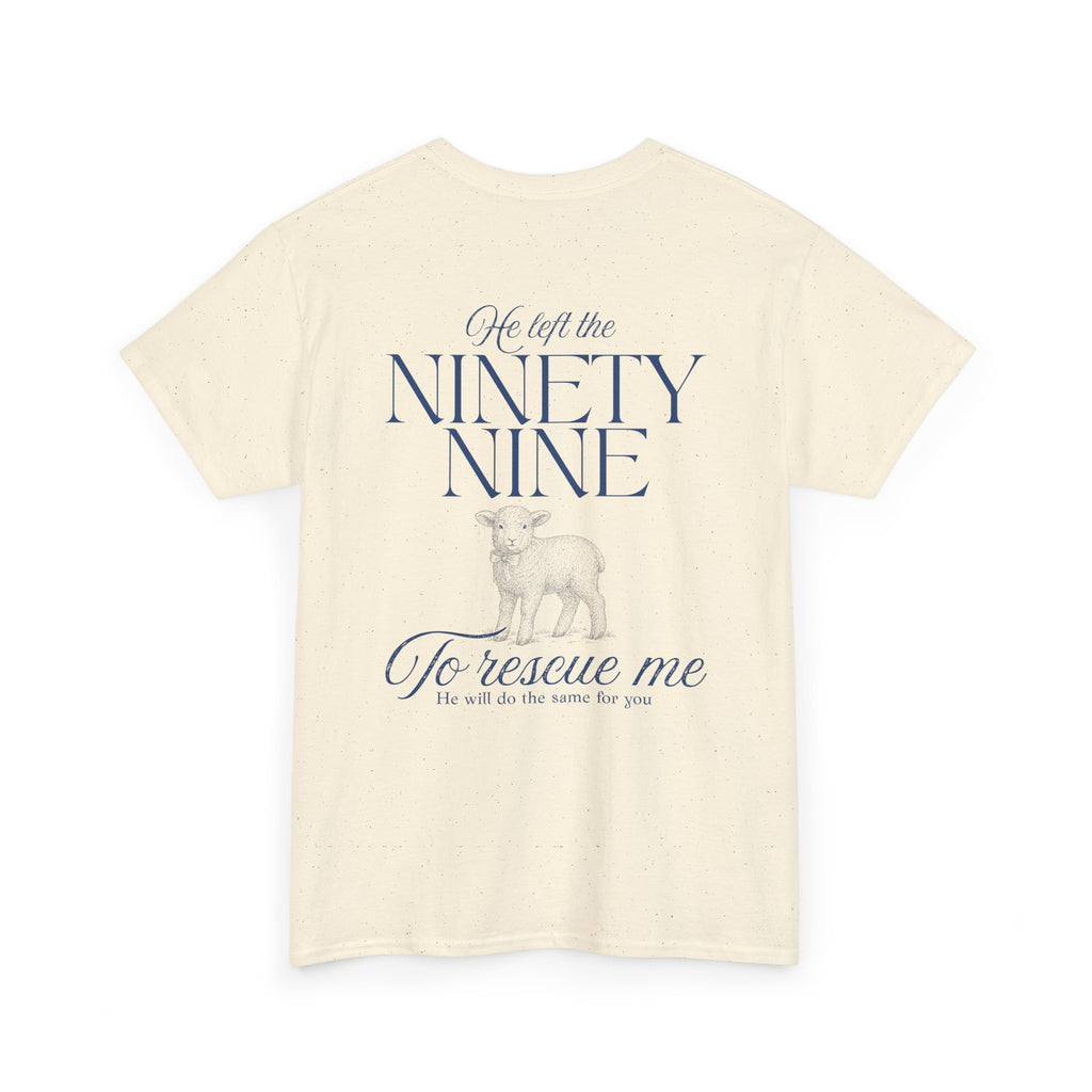 Back view of t-shirt in the color natural with blue colored text from Luke chapter 15 with a graphic of a lamb 