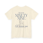 Back view of t-shirt in the color natural with blue colored text from Luke chapter 15 with a graphic of a lamb 