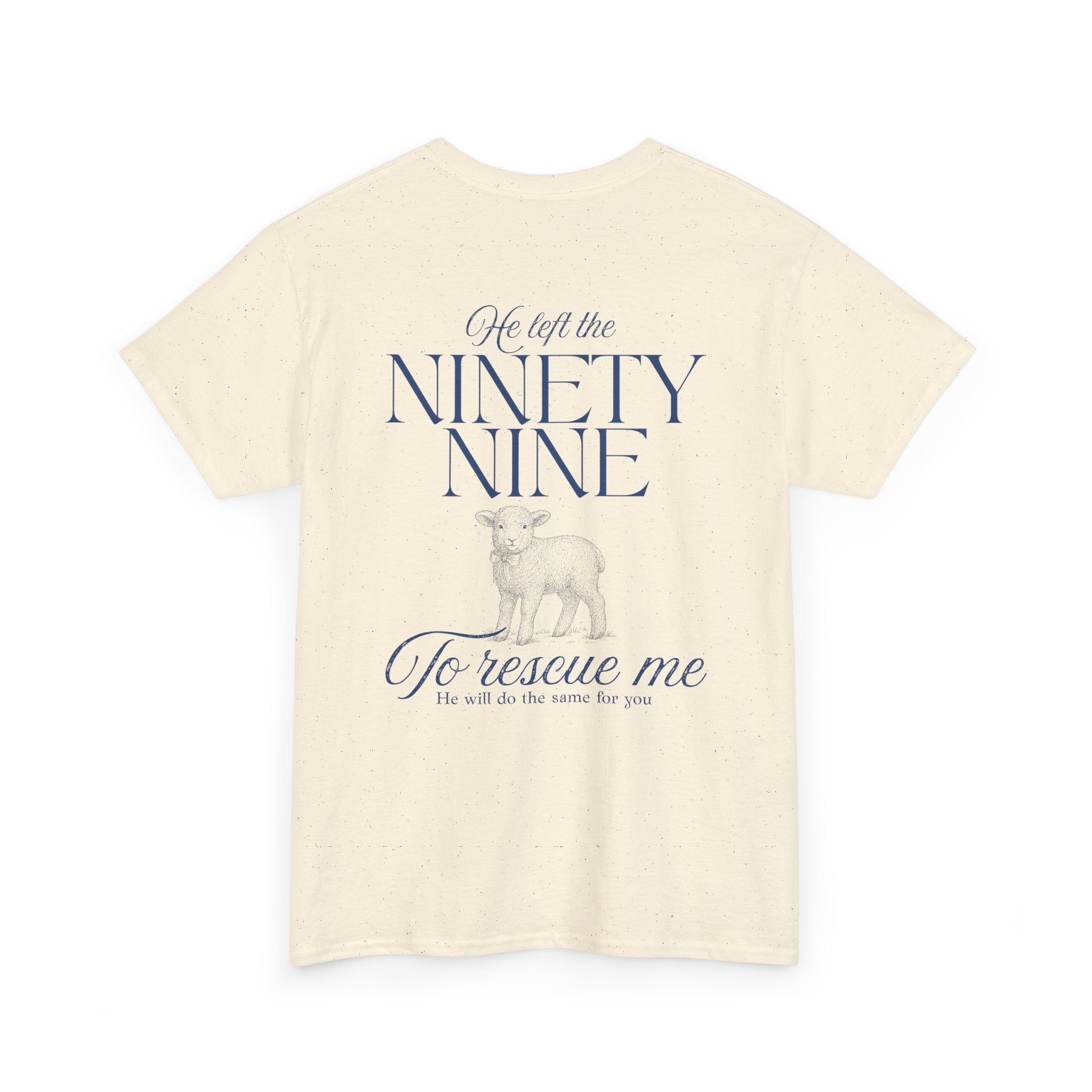 Back view of t-shirt in the color natural with blue colored text from Luke chapter 15 with a graphic of a lamb 