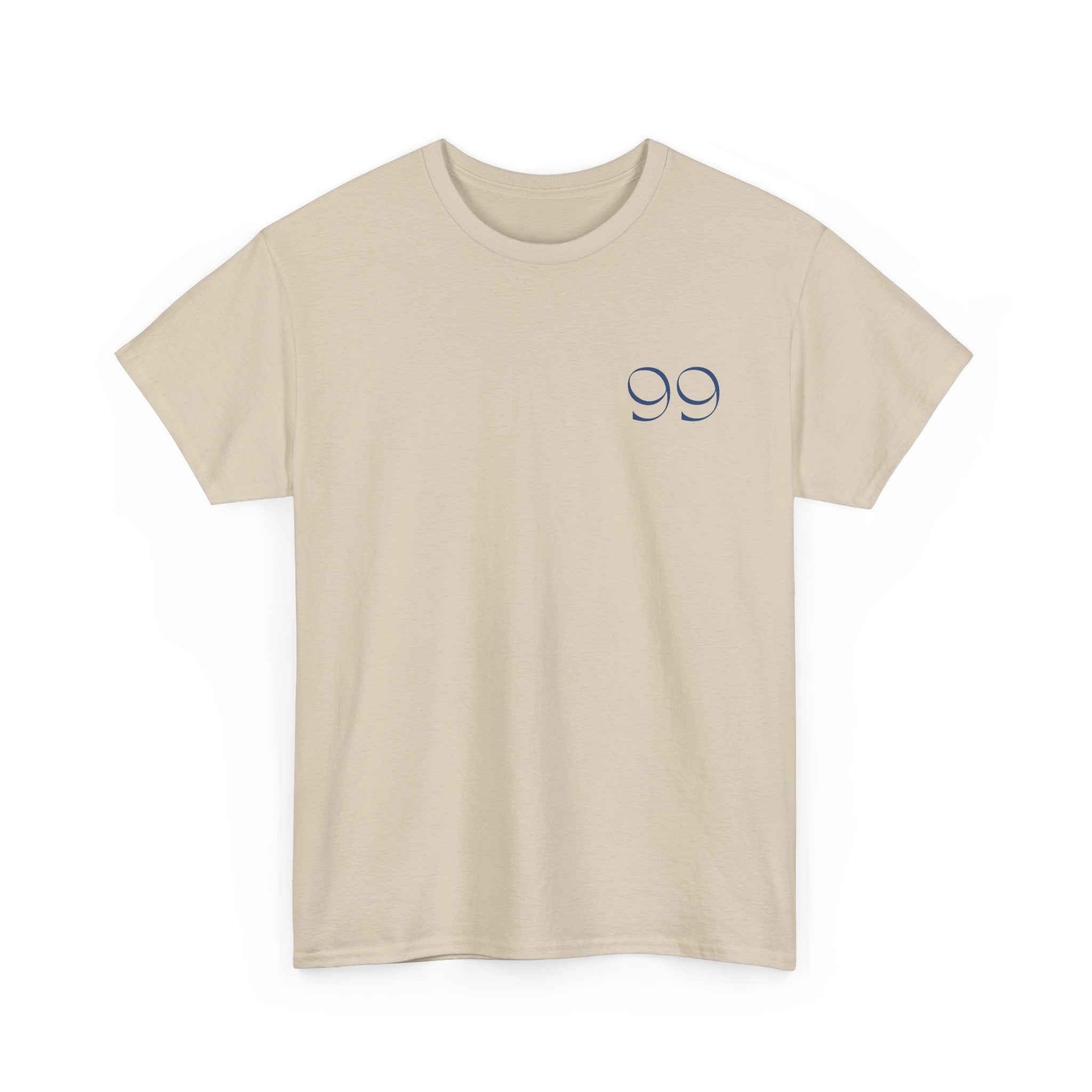 Front view of t-shirt in the color Sand with a blue colored '99' graphic on the left chest