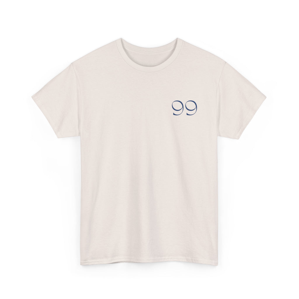 Front view of Ice Grey color t-shirt with blue '99' graphic on left chest