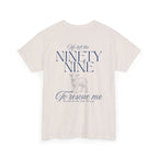Back view of Ice Grey color t-shirt with blue text from Luke chapter 15 and a lamb graphic