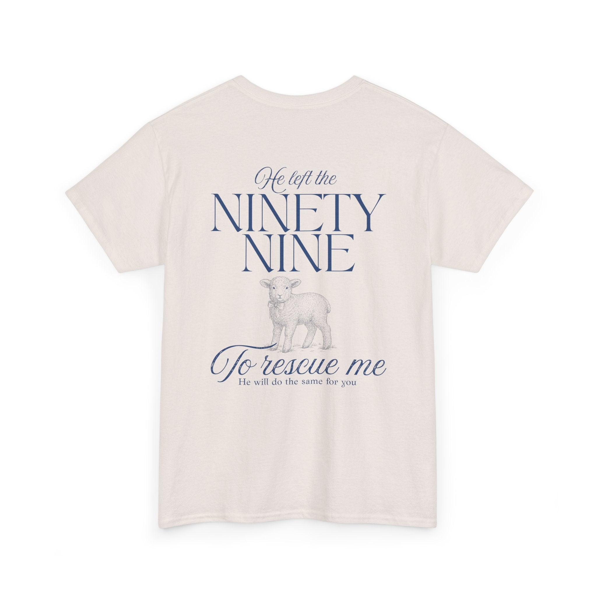 Back view of Ice Grey color t-shirt with blue text from Luke chapter 15 and a lamb graphic
