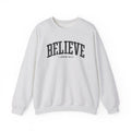 Front view of Ash crewneck sweatshirt with black large BELIEVE text and John 14:1 below it across chest