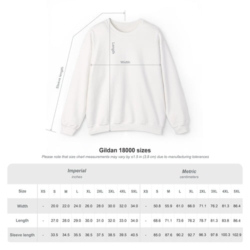 Measurement size chart for Gildan 18000 unisex crewneck sweatshirts