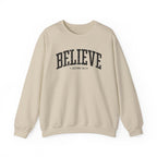 Front view of Sand crewneck sweatshirt with black large BELIEVE text and John 14:1 below it across chest