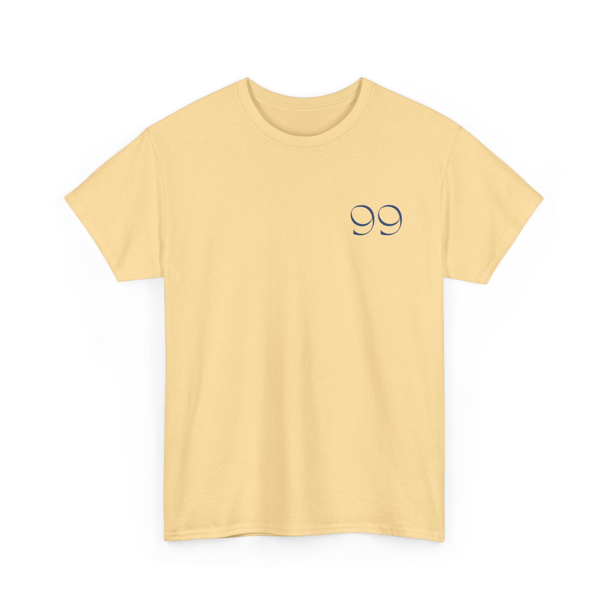 Front view of t-shirt in color Yellow Haze with blue colored '99' graphic on the left chest
