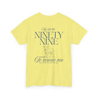 Back view of t-shirt in the color Cornsilk with blue text from Luke Chapter 15 and a lamb graphic