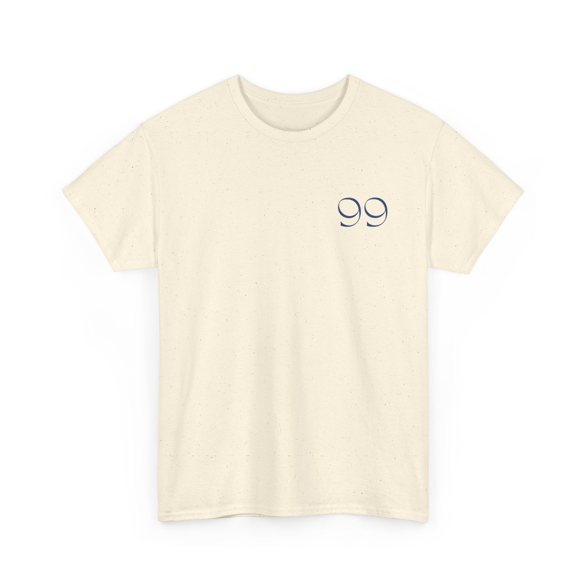 Front view of a t-shirt in the color Natural with a blue '99' graphic on the left chest