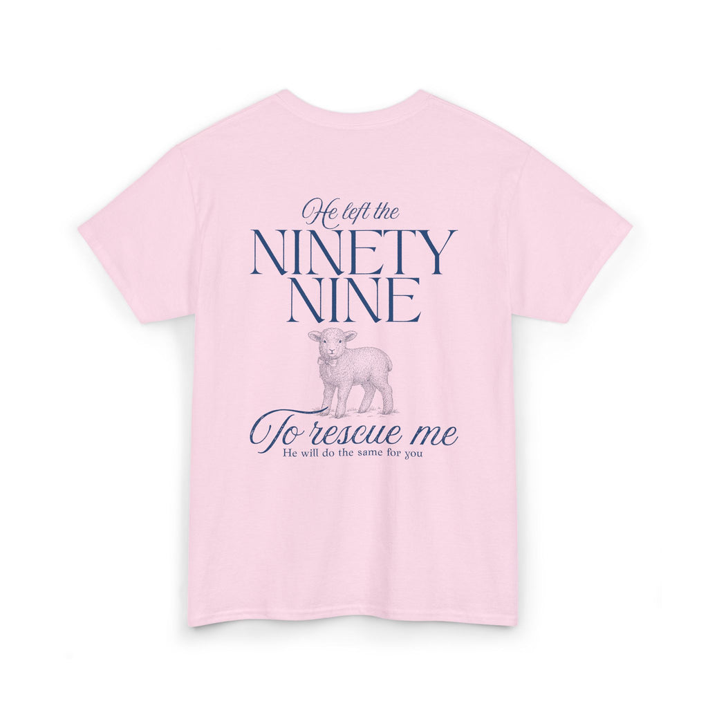 Back view of t-shirt in the color light pink with blue text from Luke chapter 15 and a lamb graphic
