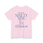 Back view of t-shirt in the color light pink with blue text from Luke chapter 15 and a lamb graphic
