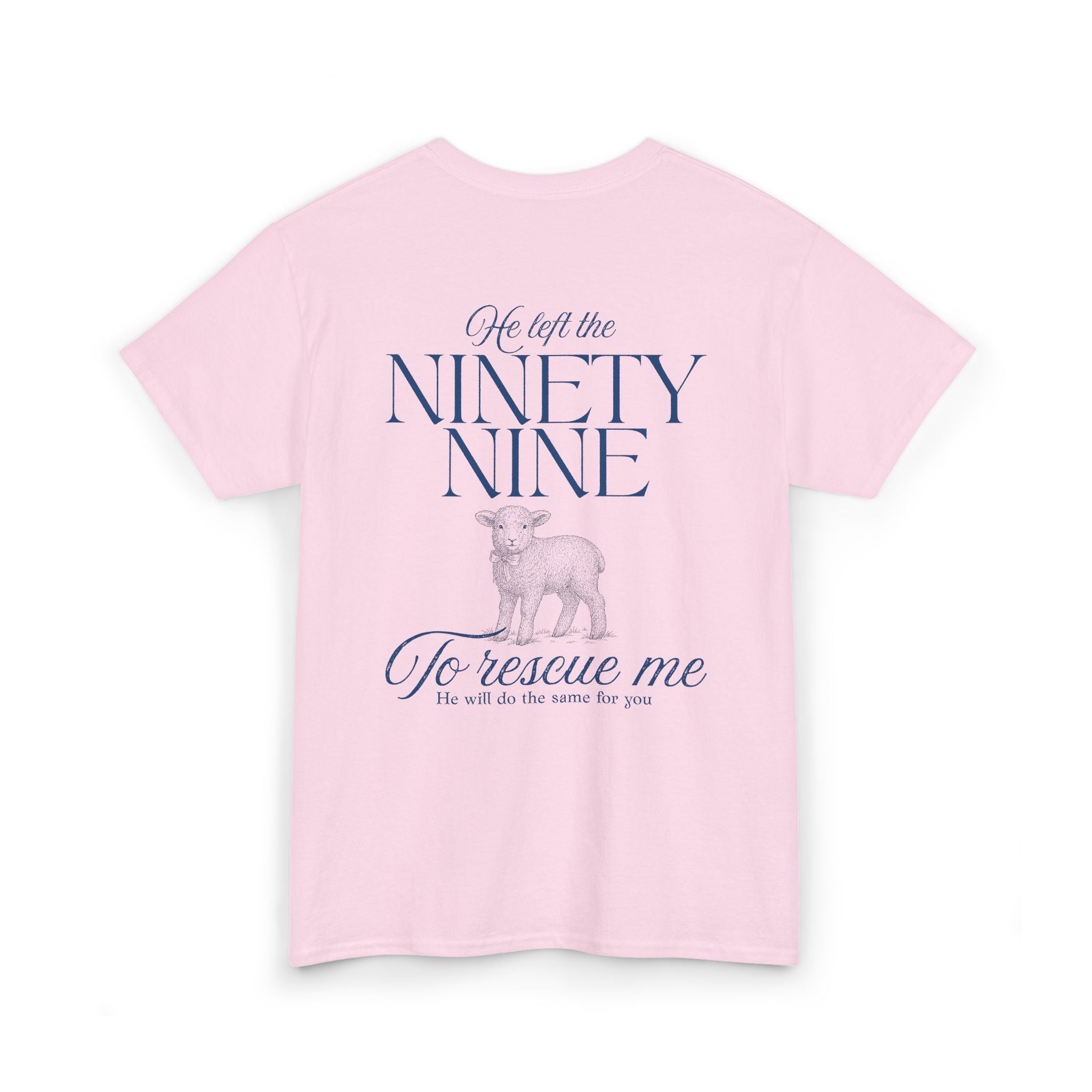 Back view of t-shirt in the color light pink with blue text from Luke chapter 15 and a lamb graphic