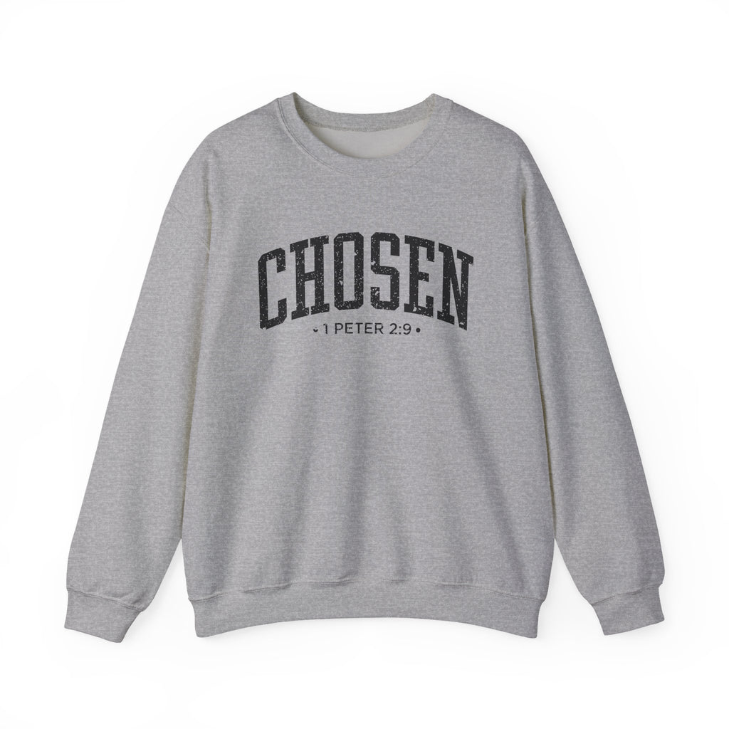 Front view of Sport Grey crewneck sweatshirt with black large CHOSEN text and 1 Peter 2:9 below it across chest