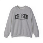 Front view of Sport Grey crewneck sweatshirt with black large CHOSEN text and 1 Peter 2:9 below it across chest