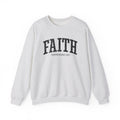 Front view of Ash crewneck sweatshirt with black large FAITH text and Ephesians 2:8 below it across chest