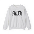 Front view of Ash crewneck sweatshirt with black large FAITH text and Ephesians 2:8 below it across chest