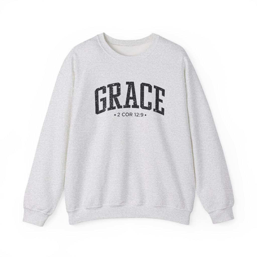 Front view of Ash crewneck sweatshirt with black large GRACE text and 2 COR 12:9 below it across chest