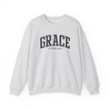 Front view of Ash crewneck sweatshirt with black large GRACE text and 2 COR 12:9 below it across chest