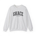 Front view of Ash crewneck sweatshirt with black large GRACE text and 2 COR 12:9 below it across chest