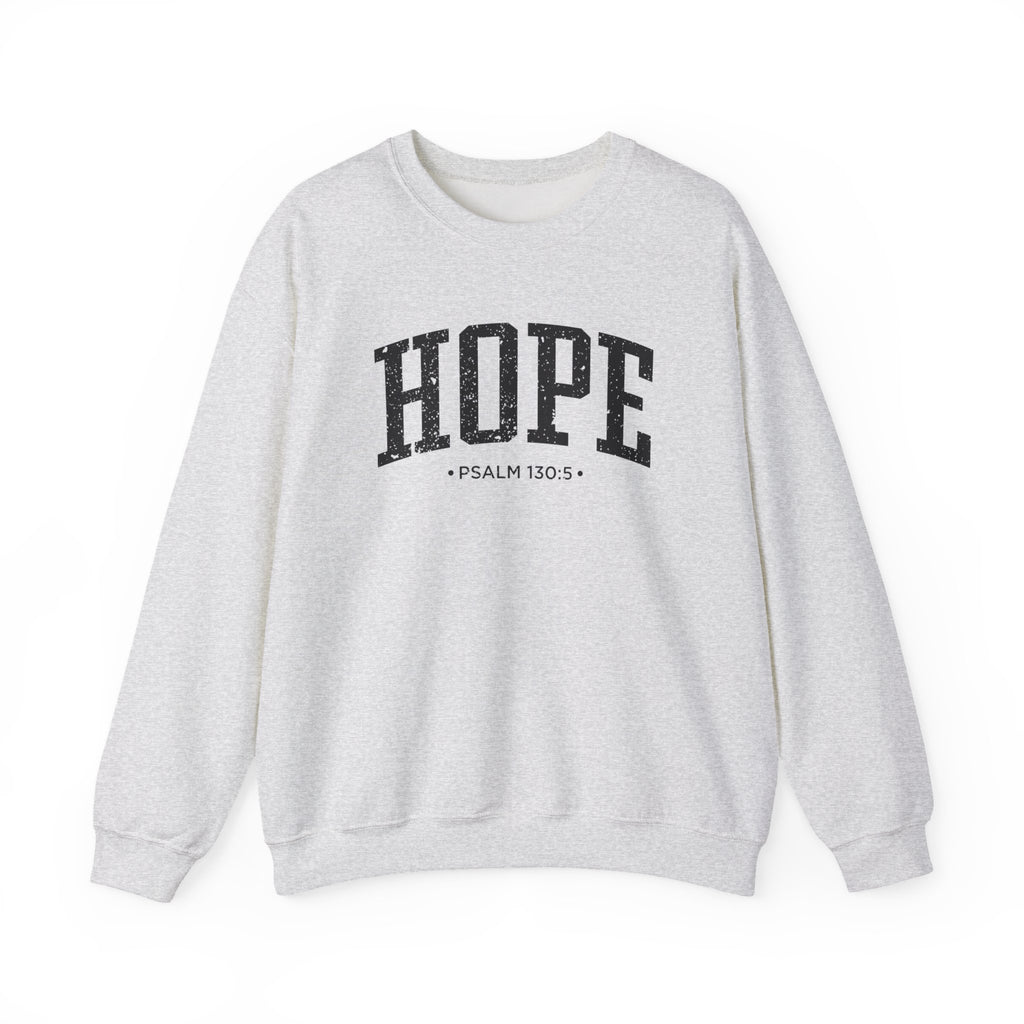 Front view of Ash crewneck sweatshirt with black large HOPE text and Psalm 130:5 below it across chest