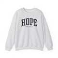 Front view of Ash crewneck sweatshirt with black large HOPE text and Psalm 130:5 below it across chest