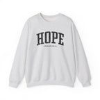 Front view of Ash crewneck sweatshirt with black large HOPE text and Psalm 130:5 below it across chest