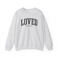 Front view of Ash crewneck sweatshirt with black large LOVED text and John 3:16 below it across chest