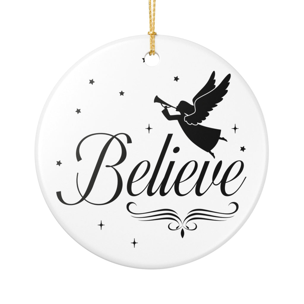 Front view of White ceramic Christmas ornament with graphic displaying stars, an angel, and text that says Believe