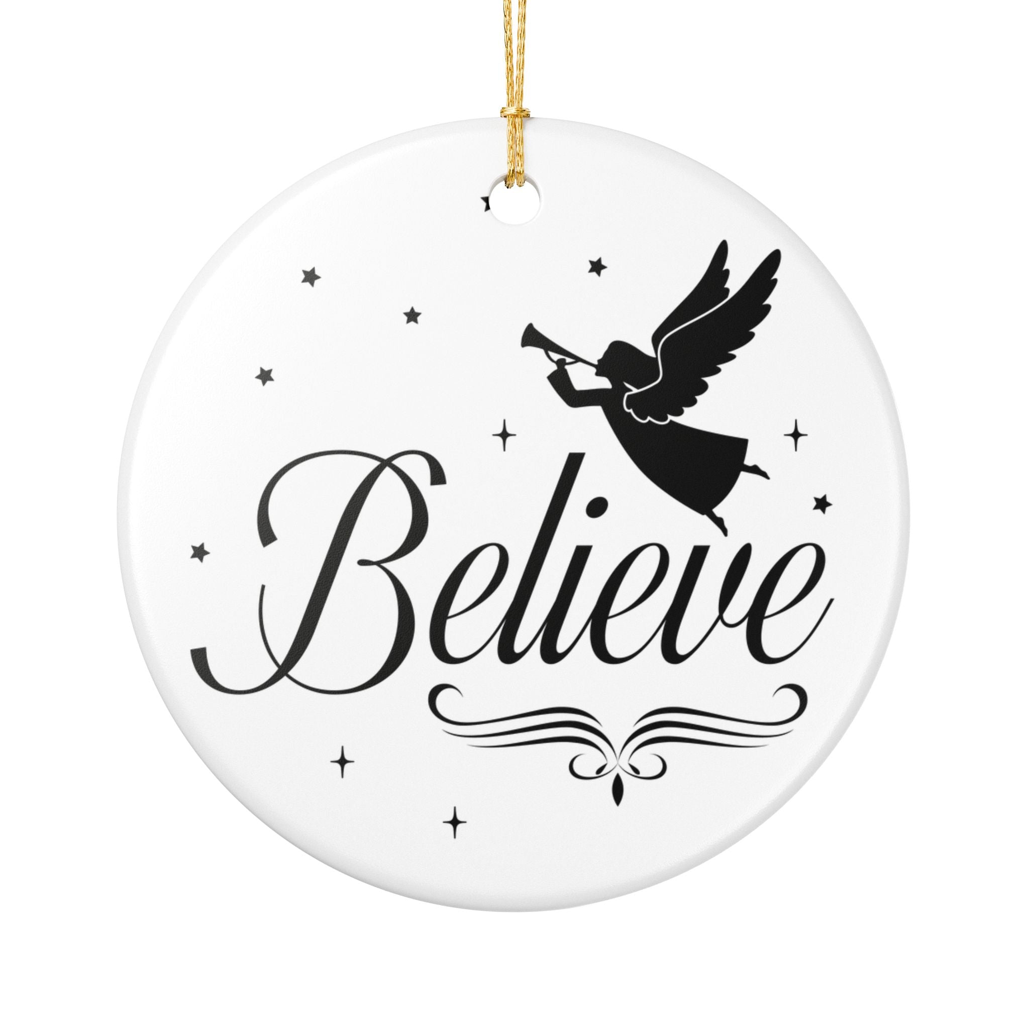 Front view of White ceramic Christmas ornament with graphic displaying stars, an angel, and text that says Believe