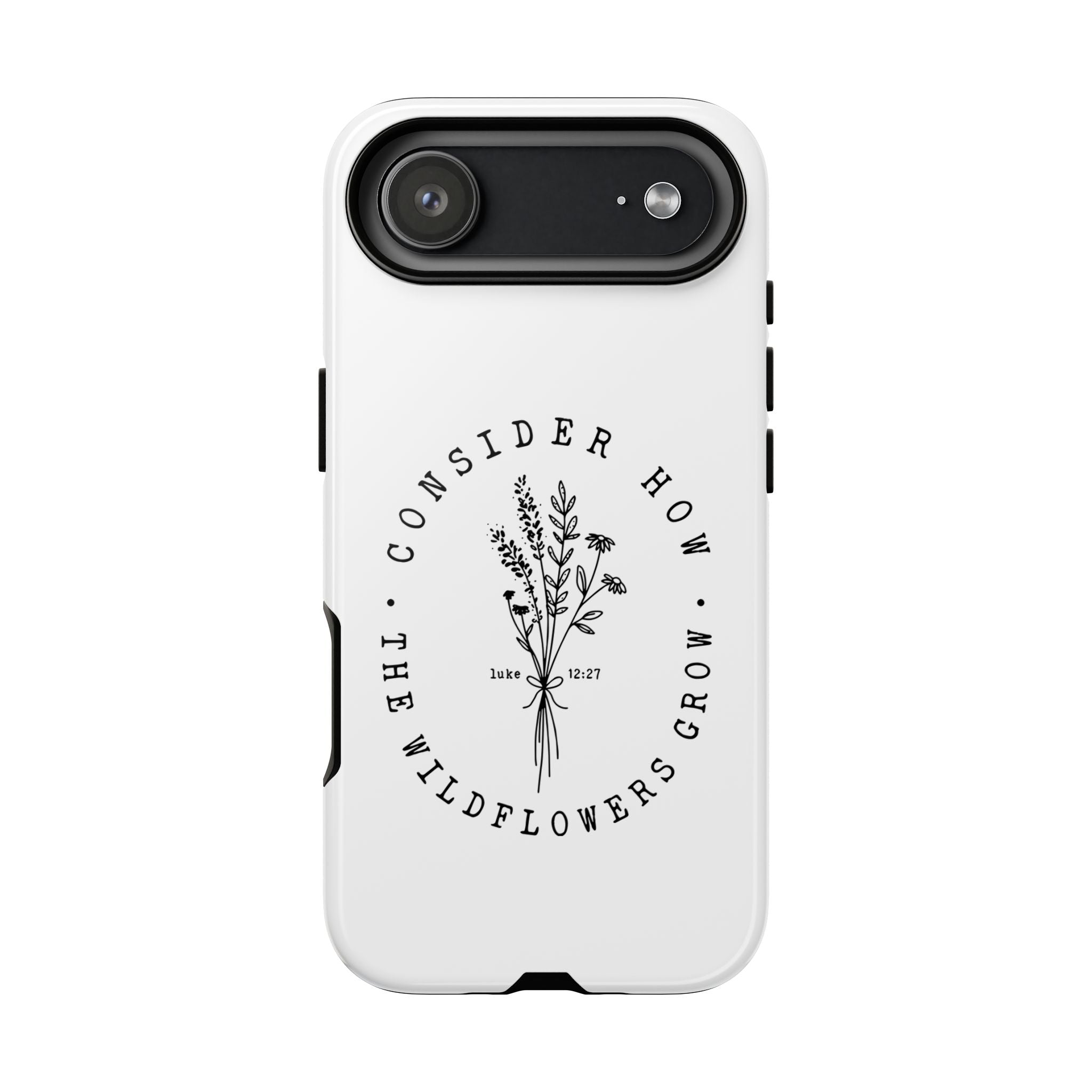 White iPhone case with black floral graphic and Luke 12:27 Bible verse displayed on an iPhone 17 Air