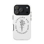White iPhone case with black floral graphic and Luke 12:27 Bible verse displayed on an iPhone 17 Pro