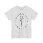 Front view Ash t-shirt with large black floral graphic and Luke 12:27 Bible verse