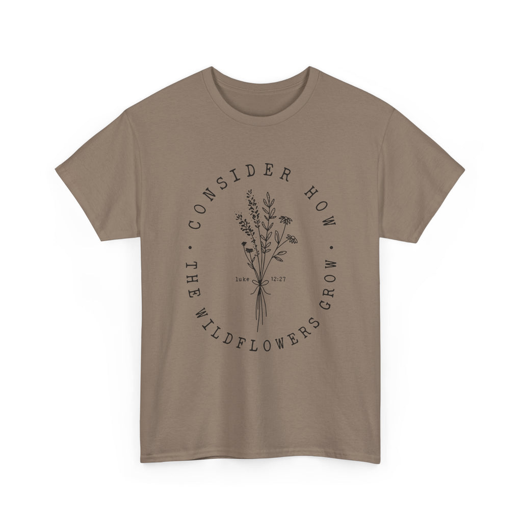 Front view Brown Savana t-shirt with large black floral graphic and Luke 12:27 Bible verse 