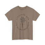 Front view Brown Savana t-shirt with large black floral graphic and Luke 12:27 Bible verse 