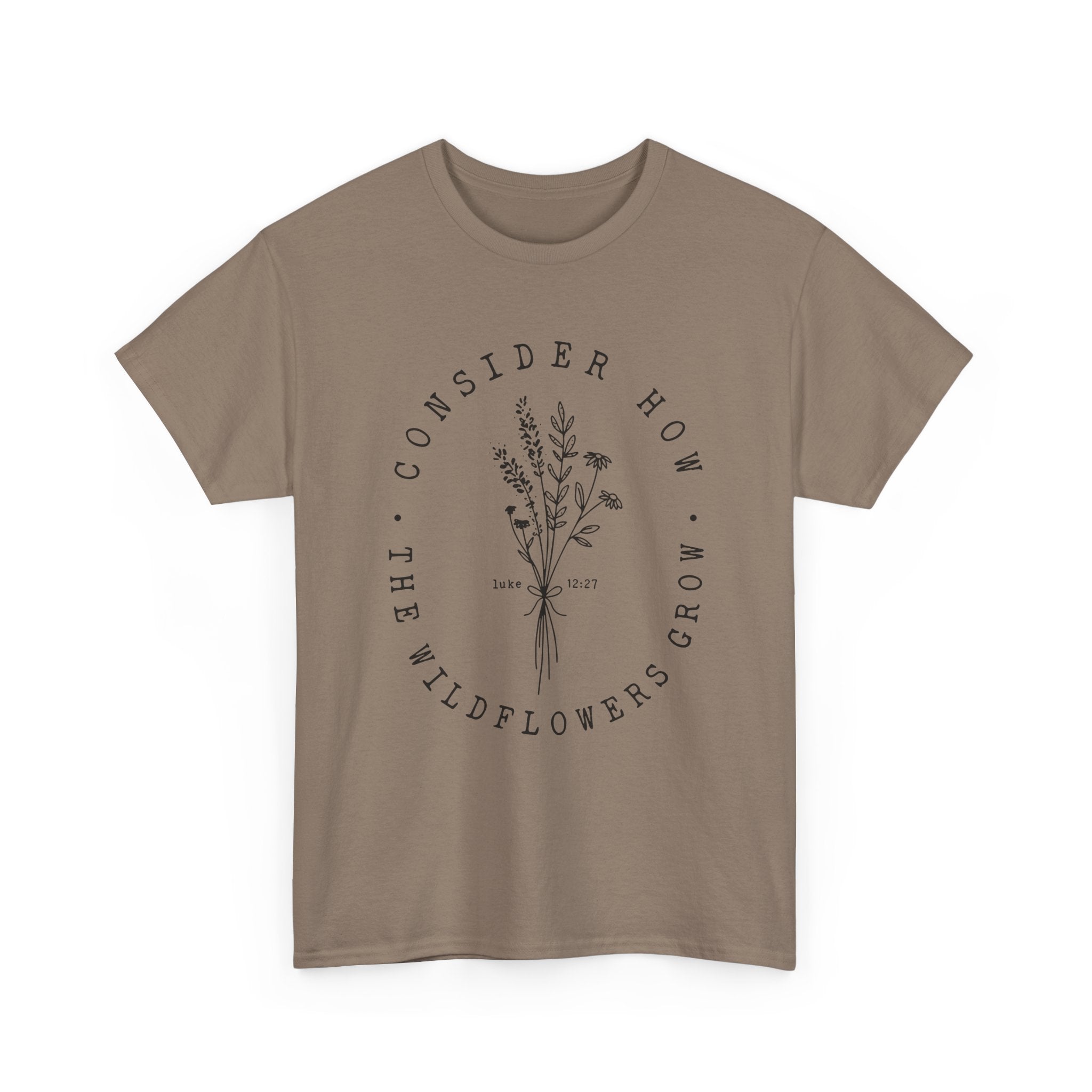 Front view Brown Savana t-shirt with large black floral graphic and Luke 12:27 Bible verse 