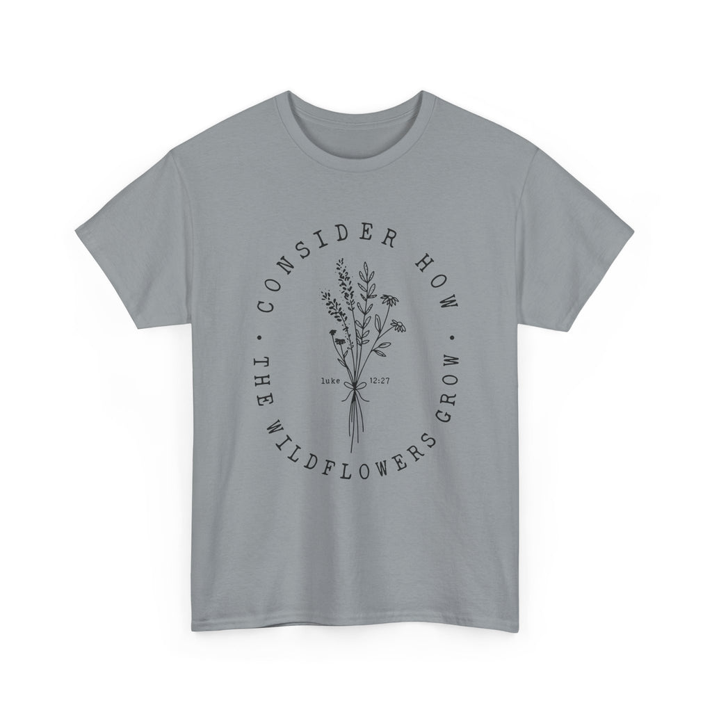 Front view Gravel t-shirt with large black floral graphic and Luke 12:27 Bible verse 