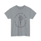 Front view Gravel t-shirt with large black floral graphic and Luke 12:27 Bible verse 