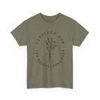 Front view Heather Military Green t-shirt with large black floral graphic and Luke 12:27 Bible verse 