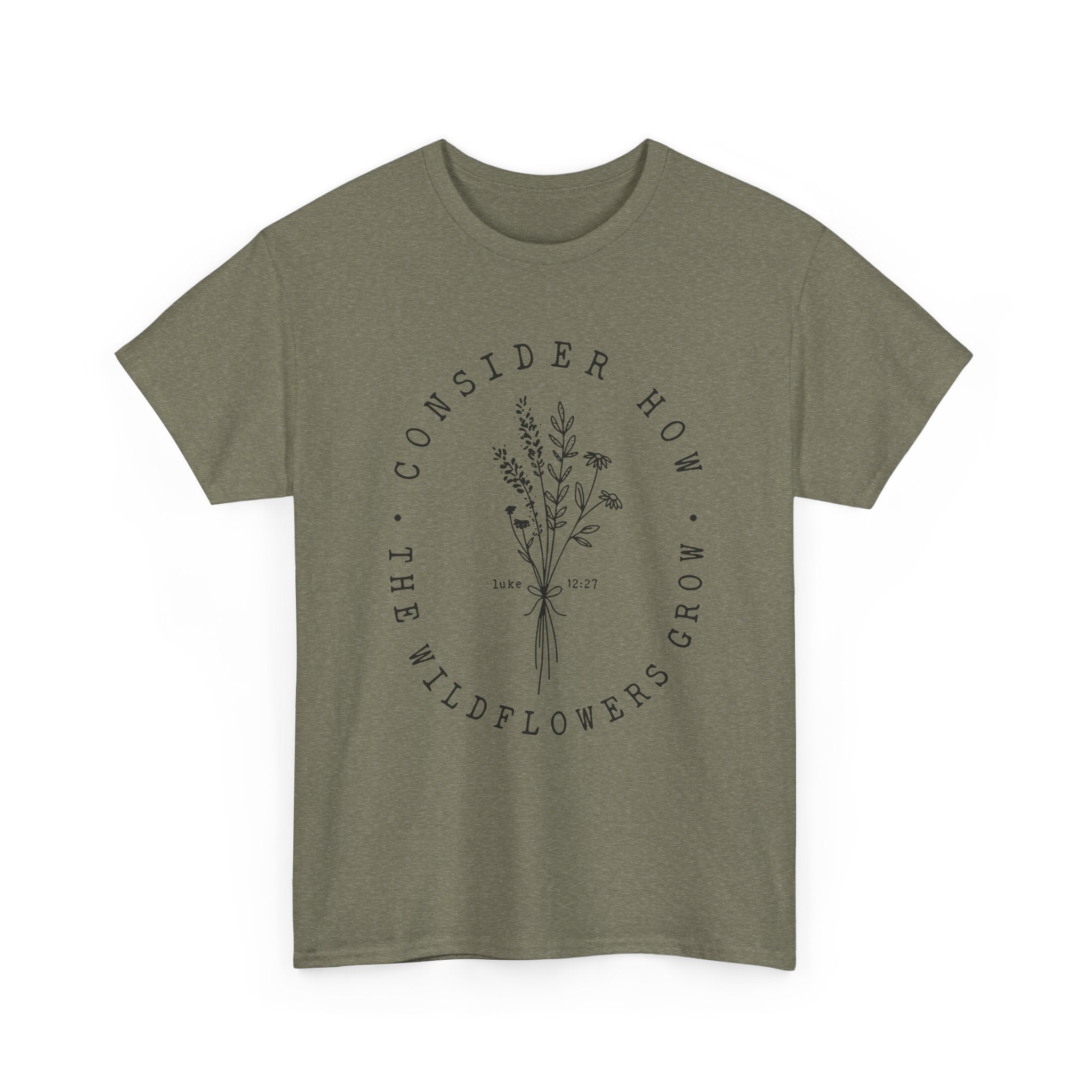 Front view Heather Military Green t-shirt with large black floral graphic and Luke 12:27 Bible verse 