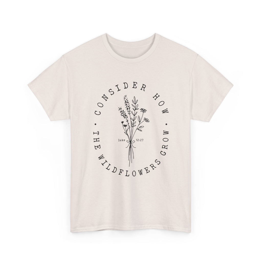 Front view Ice Grey t-shirt with large black floral graphic and Luke 12:27 Bible verse