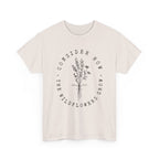 Front view Ice Grey t-shirt with large black floral graphic and Luke 12:27 Bible verse
