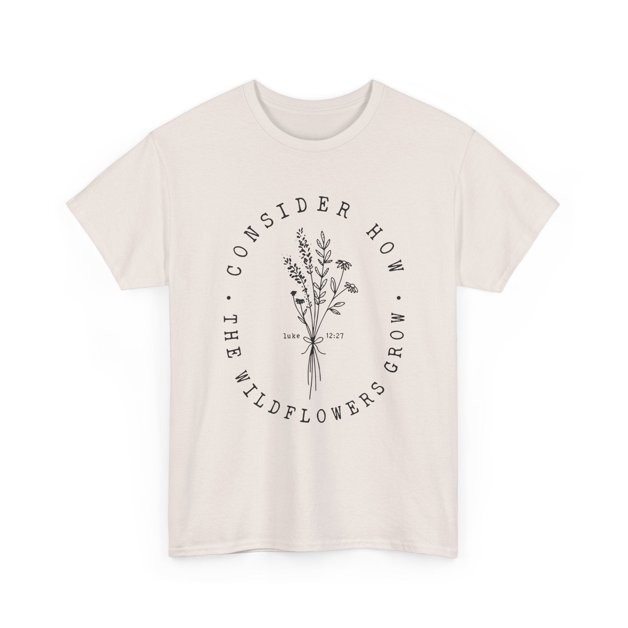 Front view Ice Grey t-shirt with large black floral graphic and Luke 12:27 Bible verse