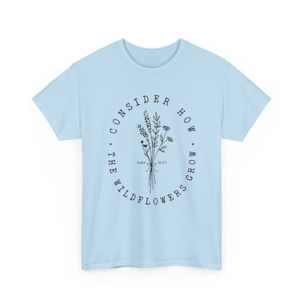 Front view Light Blue t-shirt with large black floral graphic and Luke 12:27 Bible verse 