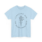 Front view Light Blue t-shirt with large black floral graphic and Luke 12:27 Bible verse 