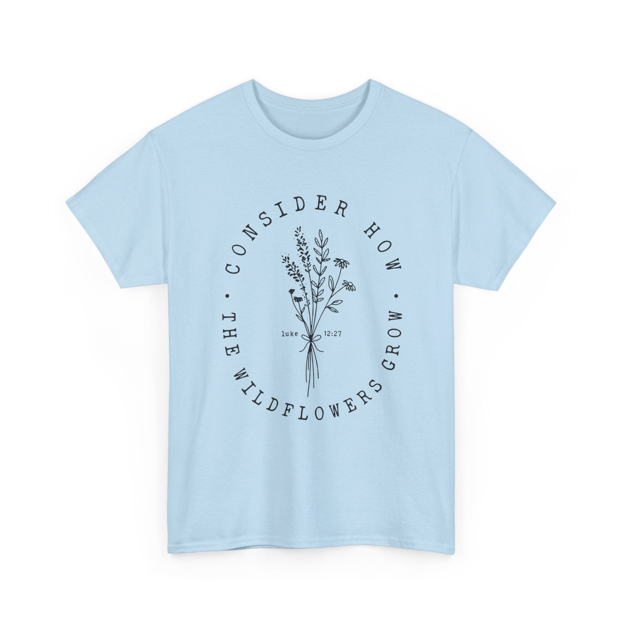 Front view Light Blue t-shirt with large black floral graphic and Luke 12:27 Bible verse 