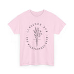 Front view Light Pink t-shirt with large black floral graphic and Luke 12:27 Bible verse 