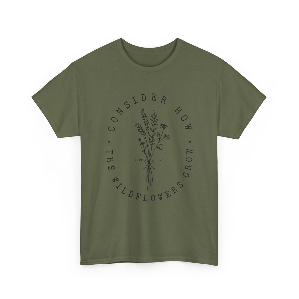 Front view Military Green t-shirt with large black floral graphic and Luke 12:27 Bible verse 