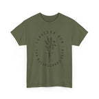 Front view Military Green t-shirt with large black floral graphic and Luke 12:27 Bible verse 